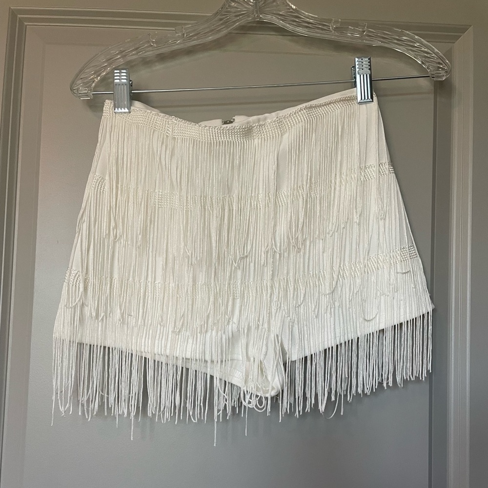 Pretty little thing white fringe shorts, size 4